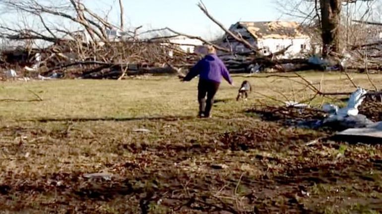 Mulher encontra cachorro vivo depois de tornado nos EUA